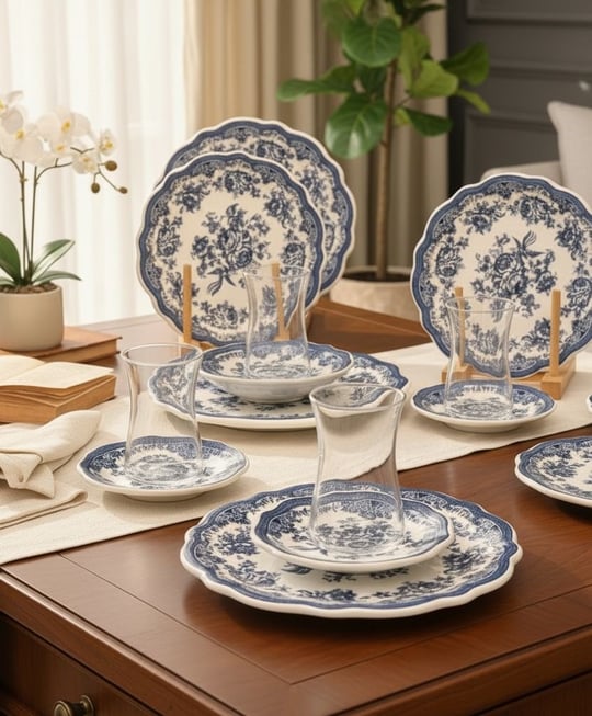 18 Parça Vintage Blue Pasta Çay Takımı Seti