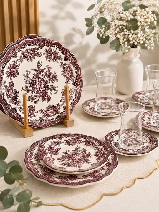 18 Parça Vintage Pink Pasta Çay Takımı Seti