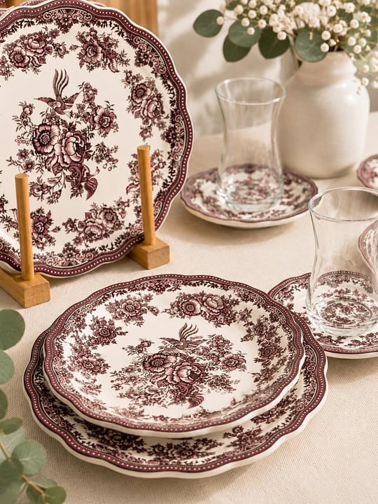 18 Parça Vintage Pink Pasta Çay Takımı Seti