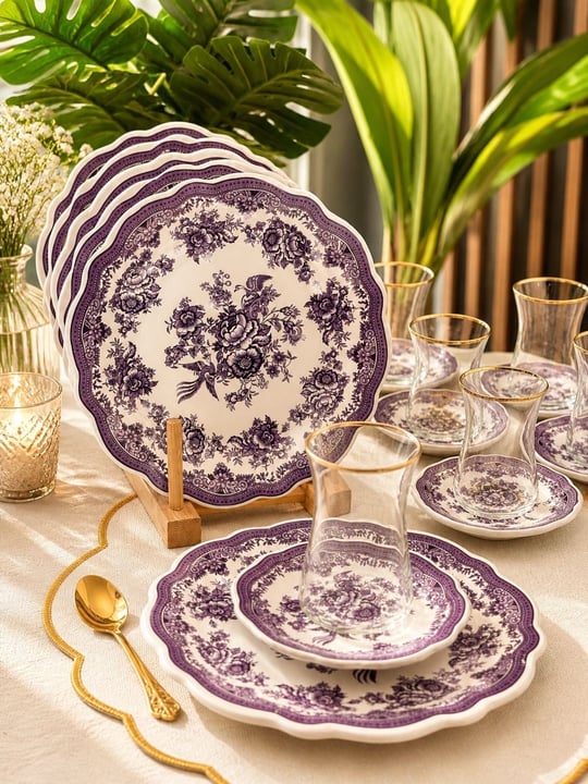 18 Parça Vintage Purple Pasta Çay Takımı Seti