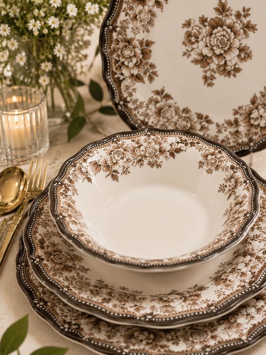 24 Parça 6 Kişilik Porselen Yemek takımı Velour Brown