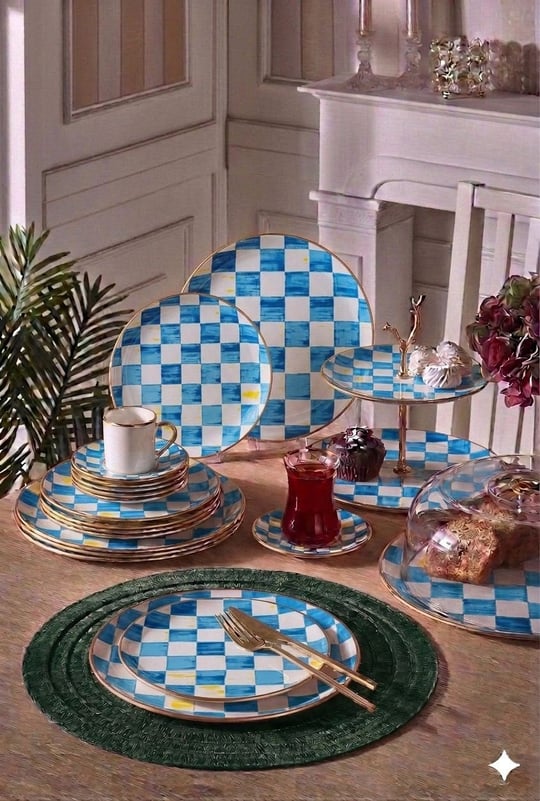 34 Parça Bella Chess Mavi Yaldızlı 6 Kişilik Pasta Çay Servis İkram Takımı