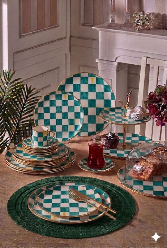 34 Parça Bella Chess Turkuaz Yaldızlı 6 Kişilik Pasta Çay Servis İkram Takımı