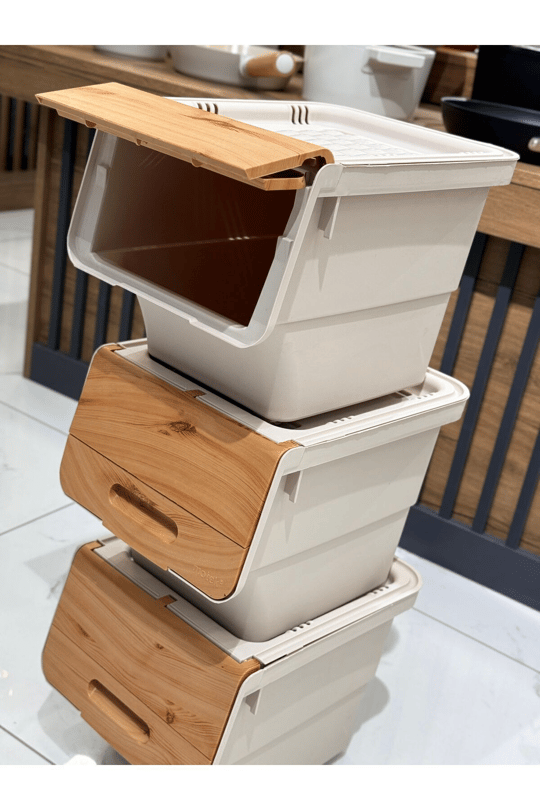 3lü Patateslik Soğanlık Sepeti Krem-Bambu