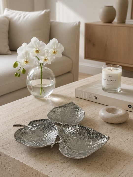 3lü Yaprak Tabak Silver Dekoratif Obje