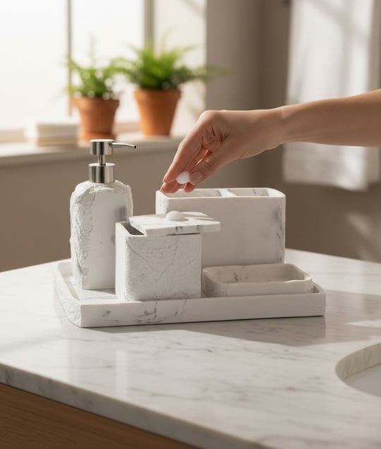 5 Parça Lüx Laduree Stonea Beyaz Silver Tepsili Banyo Seti