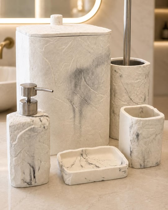 5 Parça Lüx Laduree Stonea Beyaz Silver Banyo Seti