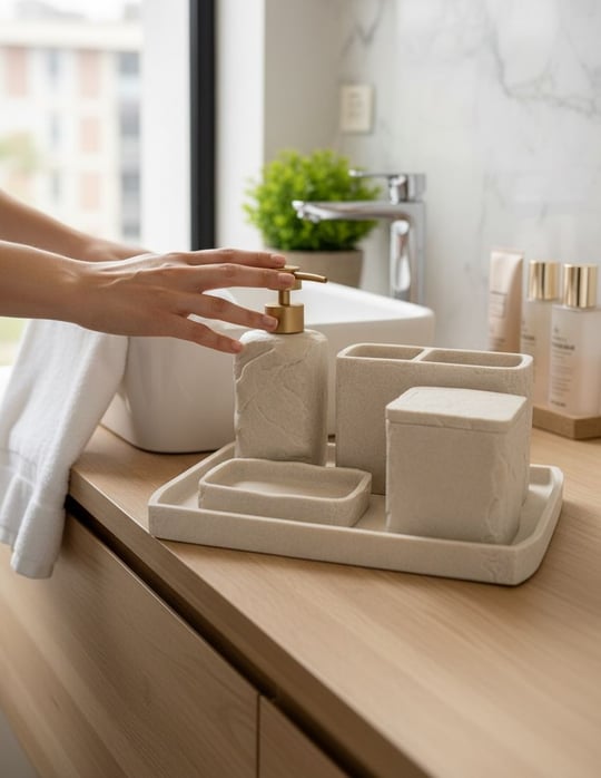5 Parça Lüx Laduree Stonea Krem Gold Tepsili Banyo Seti