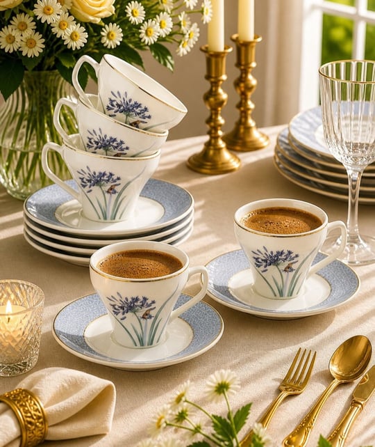 6 Kişilik Porselen Lavender Flutter Kahve Fincanı