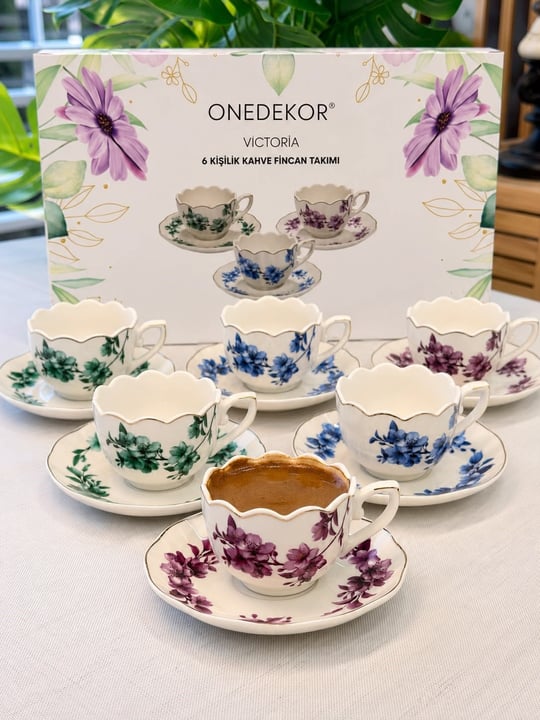 6 Kişilik Porselen Leaf Elegance Victoria Kahve Fincanı