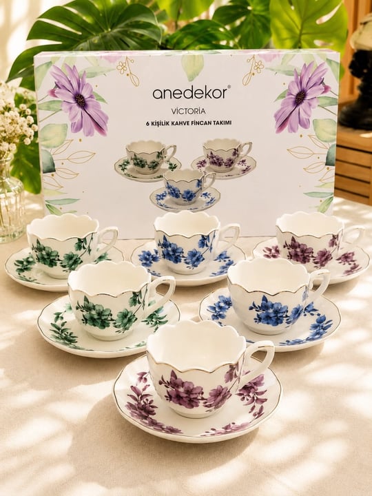 6 Kişilik Porselen Leaf Elegance Victoria Kahve Fincanı