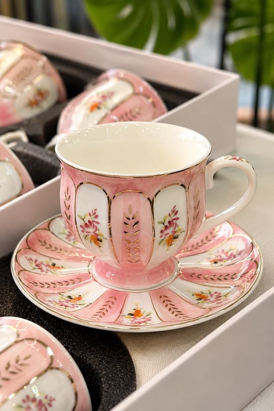 6 Kişilik Porselen Marinette Pink Double Kahve Fincanı 