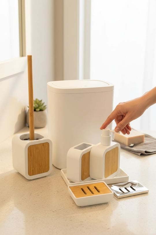 6 Parça Eliza Akrilik Bambu Banyo Seti Beyaz