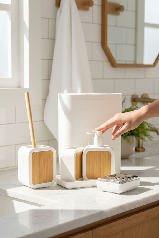 6 Parça Eliza Akrilik Bambu Banyo Seti Beyaz