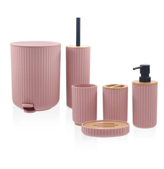 6 Parça Stripe Akrilik Pedallı Bambu Banyo Seti Pembe