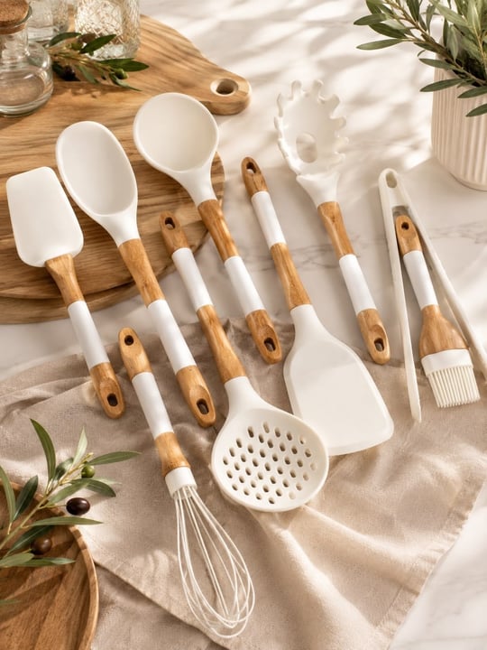 9 Parça Bambu Capo Silikon Saplı Kepçe Seti