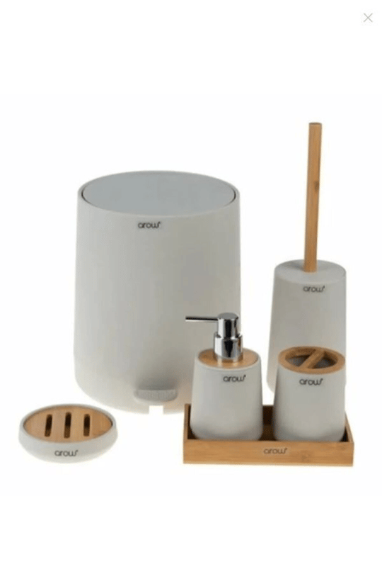 Bambu Kapaklı Akrilik 6 Parça Yuvarlak Banyo Seti Krem Alessia Dc1.tr-3728