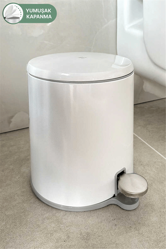 Cigo 6 LT Yumuşak Kapanan Pedallı Banyo Mutfak Ofis Çelik Çöp Kovası - Beyaz & İç Kısım Gri
