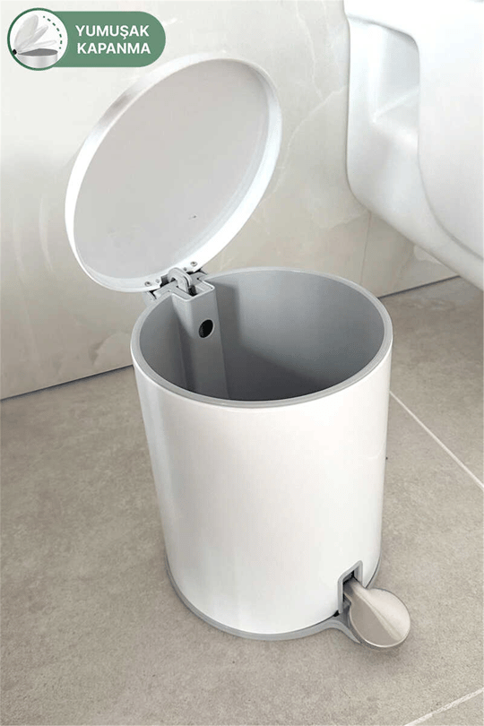 Cigo 6 LT Yumuşak Kapanan Pedallı Banyo Mutfak Ofis Çelik Çöp Kovası - Beyaz & İç Kısım Gri