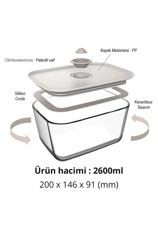 Fika Clik Dikdörtgen Cam Saklama Kabı 2600 ML - Bej