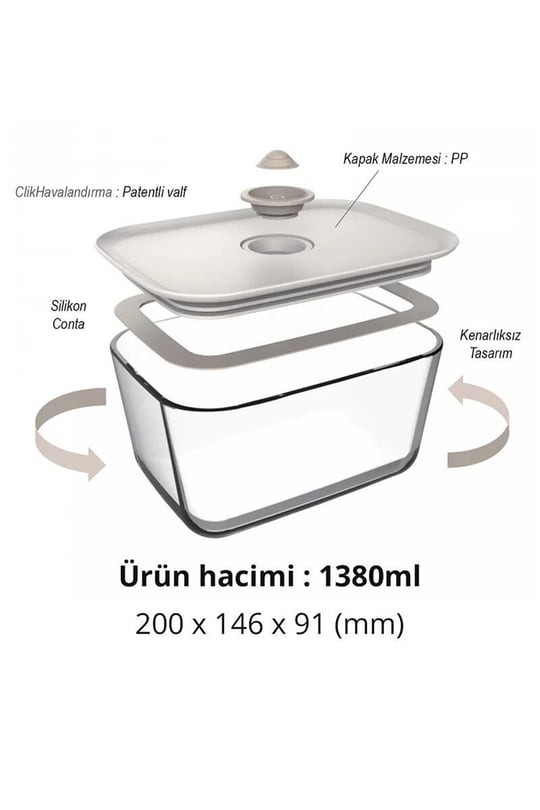 Fika Clik Dikdörtgen Cam Saklama Kabı 1380 ML - Bej