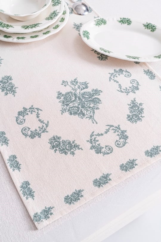 Flowers Green Keten Runner