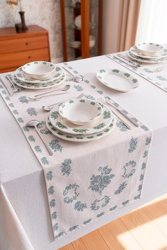 Flowers Green Keten Runner