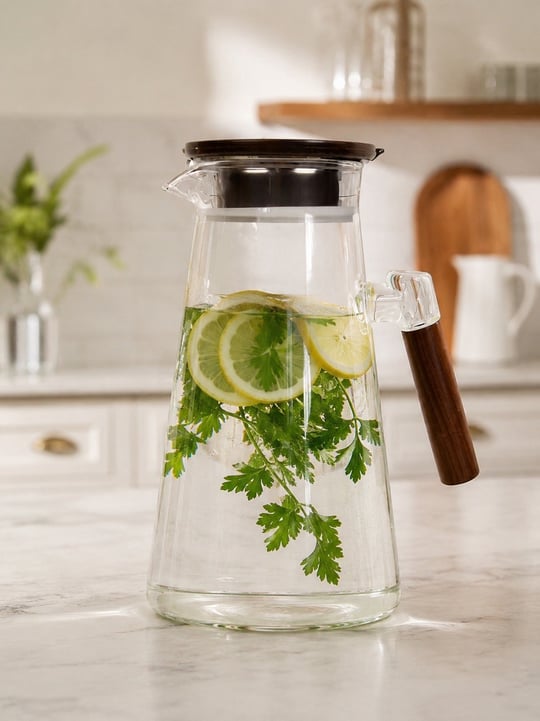 İndigo Cam Sürahi 1800 ml - Ahşap Kapaklı