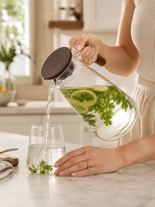 İndigo Cam Sürahi 1800 ml - Ahşap Kapaklı