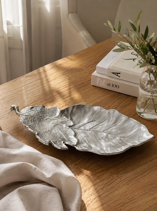 Krem Silver Yaprak Tabak Dekoratif Obje