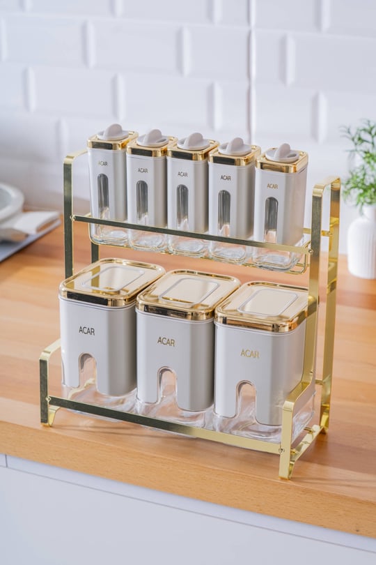 Mabel 8 li Metal Standlı Cam Baharatlık Seti Raflı 