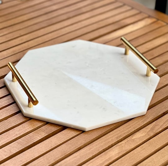 Marblas Gerçek Mermer Lüks 30*20 Sekizgen Tepsi Beyaz Gold