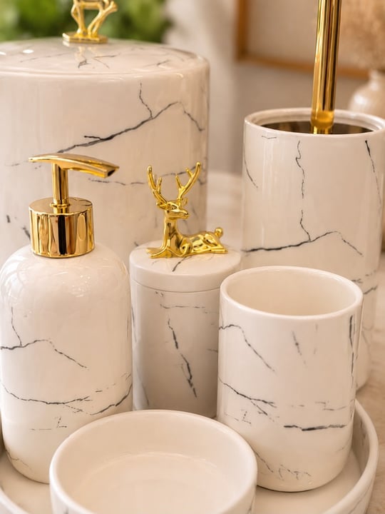 7 Parça Porselen Geyikli Banyo Seti Beyaz