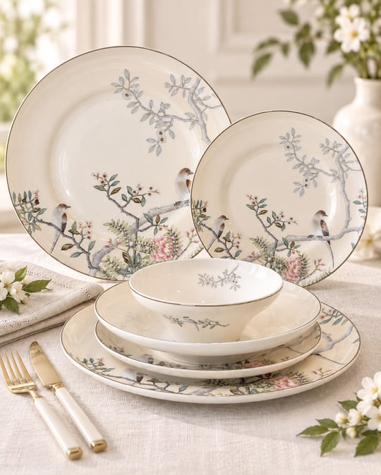  24 Parça 6 Kişilik Bird Garden Krem Yemek Takımı   