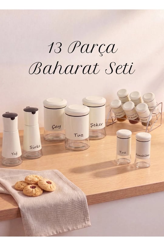 13 Parça Beyaz Baharatlık, Kavanoz ve Yağlık&Sirkelik Seti