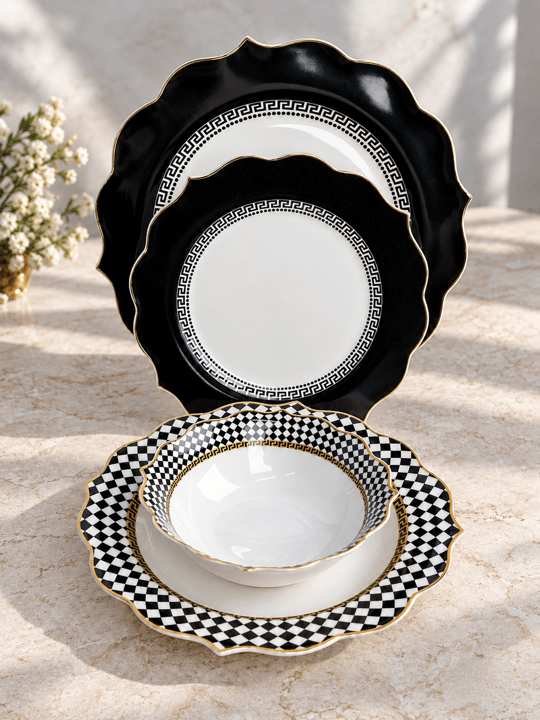 16 Parça 4 Kişilik Porselen Dama Black Yemek Takımı 