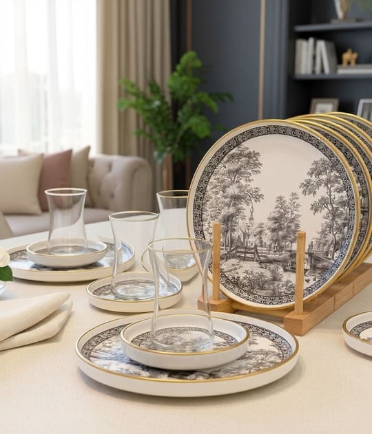 18 Parça Antik Gri Pasta Çay Takımı Seti