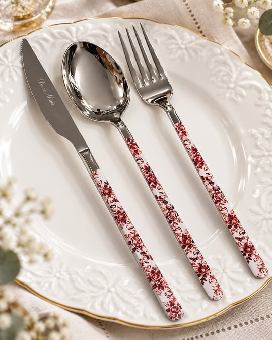 18 Parça Floral Red Desen Yemek Çatal , Kaşık ,Bıçak Seti