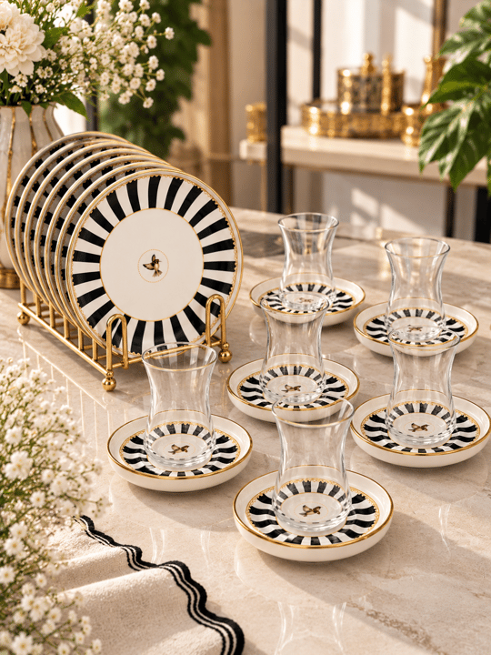18 Parça Modern Piano Black Bird Pasta Çay Saati Seti