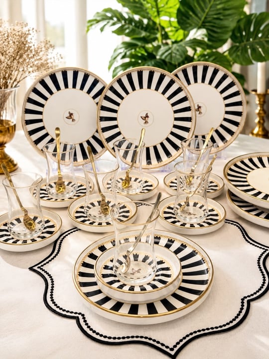 18 Parça Modern Piano Black Bird Pasta Çay Saati Seti