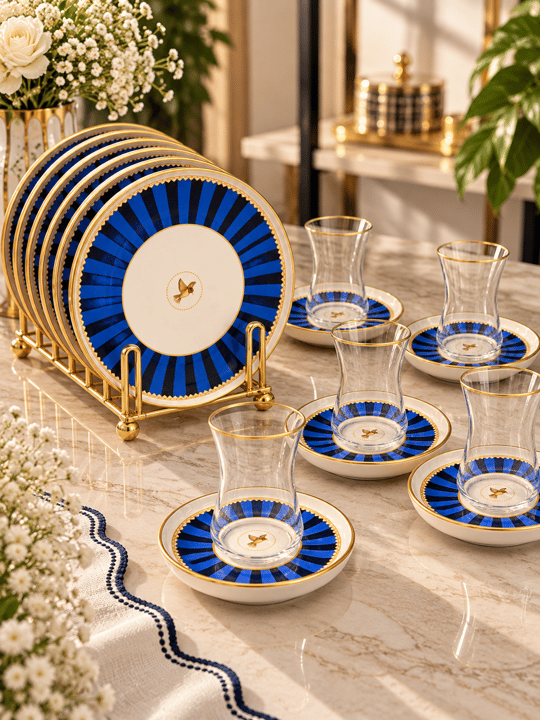 18 Parça Modern Piano Blue Bird Pasta Çay Saati Seti
