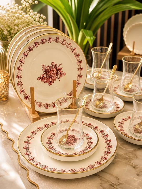 18 Parça Modern Regaria Pink Flower Pasta Çay Saati Seti