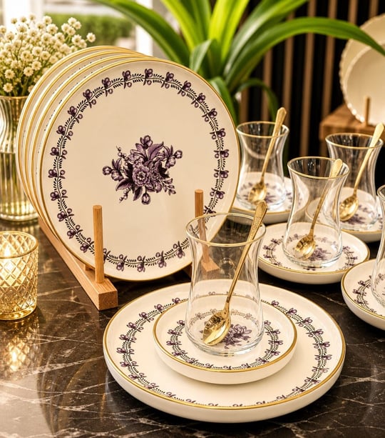 18 Parça Modern Regaria Purple Flower Pasta Çay Saati Seti