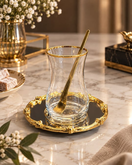 18 Parça Royal Gold İşlemeli Aynalı Çay Takımı
