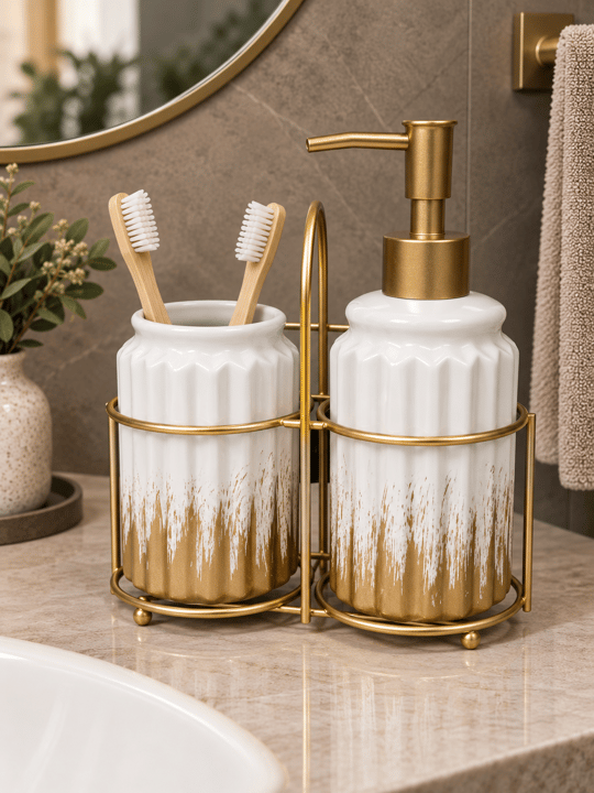 3 Parça Liva Banyo Seti - Beyaz Gold