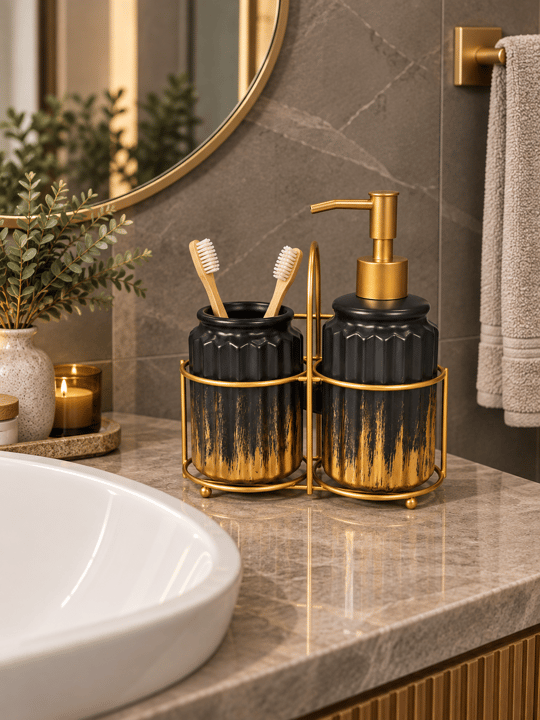 3 Parça Liva Banyo Seti - Siyah Gold