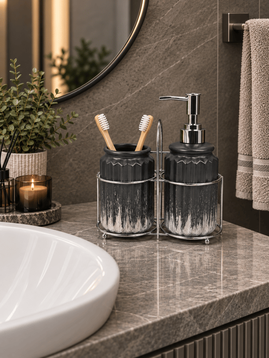 3 Parça Liva Banyo Seti - Siyah Gümüş