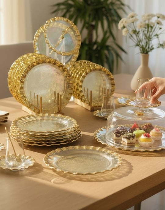 34 Parça 24K Bant Gold Yaldızlı 6 Kişilik Pasta Çay Servis İkram Takımı
