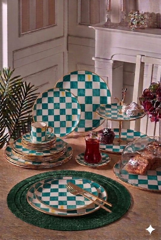 34 Parça Bella Chess Turkuaz Yaldızlı 6 Kişilik Pasta Çay Servis İkram Takımı