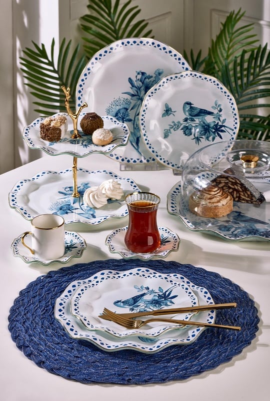 34 Parça Blue Bird Yaldızlı 6 Kişilik Pasta Çay Servis İkram Takımı